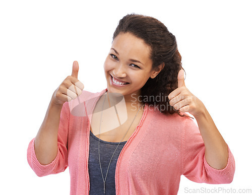 Image of Face portrait, thumbs up and woman in studio isolated on a white background. Hands gesture, like emoji and happy female model with thumbsup for success, support or approval, thank you or agreement