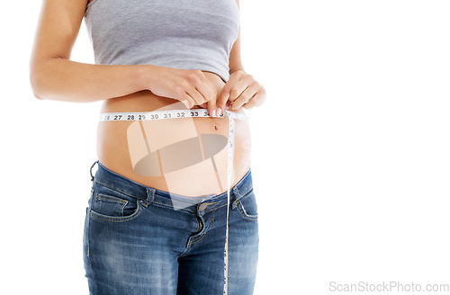 Image of Pregnant, measuring tape and stomach in studio as woman check growth, development and health on mockup. Abdomen, wellness and pregnant woman self care, diet and healthy progress on white background