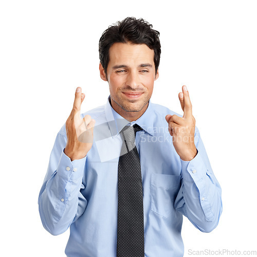 Image of Businessman hands, hope and fingers crossed on studio background mockup in new job or employment opportunity. Expression, nervous and luck hand gesture for worker anxiety, nervous or positive change