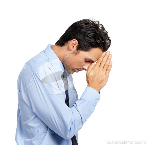 Image of Businessman, praying hands or studio background in hope, wish or faith for new job opportunity or company promotion. Corporate worker, employee or prayer hand gesture in god help, support or future