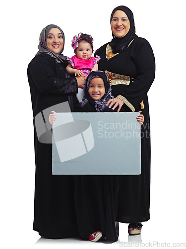 Image of Muslim family, portrait and poster space with children, mother and grandmother together in hijab. Islam religion peace banner with women and kids together for advertising isolated on white background