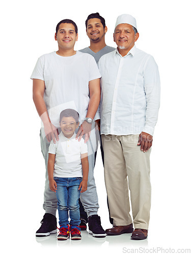 Image of Men, child and muslim family portrait for Islam religion in studio with love, peace and arab culture. Islamic day, people and kid together for eid, support and trust isolated on a white background