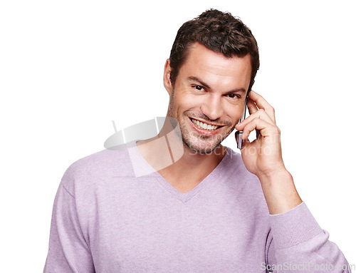 Image of Phone call, conversation and man portrait with smile and contact talking on tech with white background. Isolated, happiness and communication of a person on mobile phone speaking with mockup