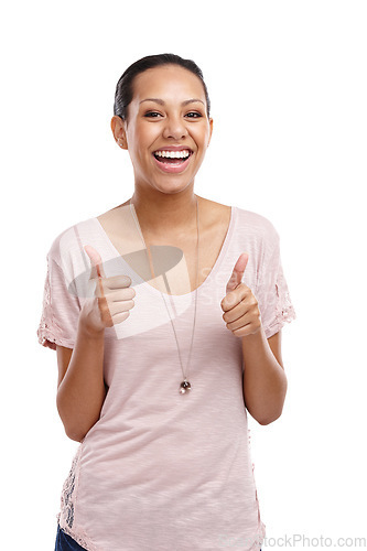 Image of Portrait, thumbs up and motivation with a model black woman in studio isolated on a white background. Emoji, hands and support with a young female winner on blank space for review or feedback