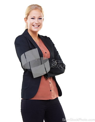 Image of Leadership, arms crossed and portrait of business woman in studio isolated on a white background mock up. Ceo, boss and face of happy female entrepreneur with vision, mission and success mindset.