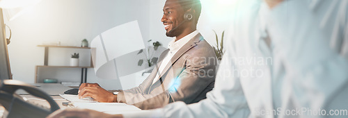 Image of Call center, computer and business man in office virtual communication, IT support or customer service in networking success. Telemarketing sales, talk and happy black man worker or online consultant