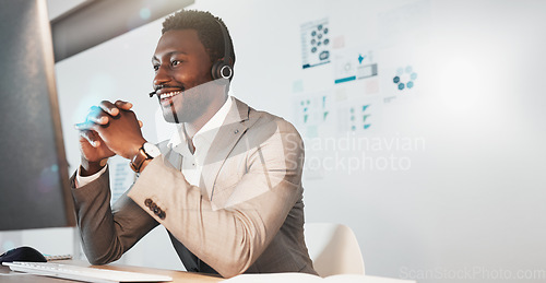 Image of Video call, computer and businessman with telemarketing, call center or online communication strategy, networking or sales goals. Telecom, virtual zoom call and african ecommerce worker in conference