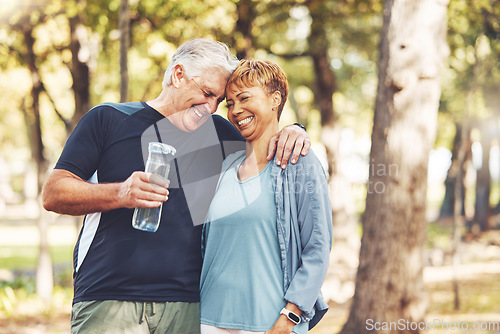 Image of Fitness, funny or old couple of friends in nature laughing at a joke after training, walking or workout. Comic, support or happy senior woman bonding with elderly partner in interracial marriage