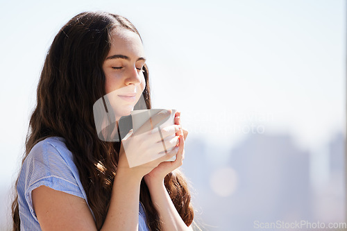 Image of Woman, coffee and relax outdoor for calm freedom, peace summer vacation or travel holiday with closed eyes. Sunshine, drinking tea and young girl relaxing, thinking and breathing fresh morning air