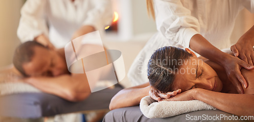 Image of Massage, relax and peace with couple in spa for healing, health and zen treatment. Detox, skincare and beauty with hands of massage therapist on man and woman for calm, physical therapy and luxury