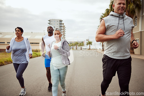 Image of City, fitness or senior people in running exercise, cardio workout or sports exercise outdoors. Motivation, runners or healthy sports men and women with mission target, vision focus or body goals