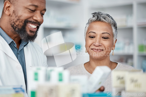 Image of Pharmacy, medicine and senior woman consulting pharmacist on prescription. Healthcare worker, shopping and female in consultation with black man for medication box, pills or medical product in store.
