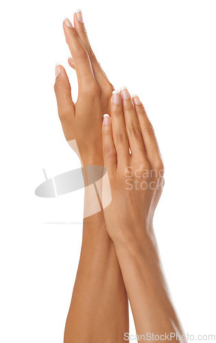 Image of Beauty manicure, cosmetics and hands of a woman on a white background in studio. Skincare, dermatology treatment and zoom on model nails for cosmetics, wellness and feminine cosmetic skin care