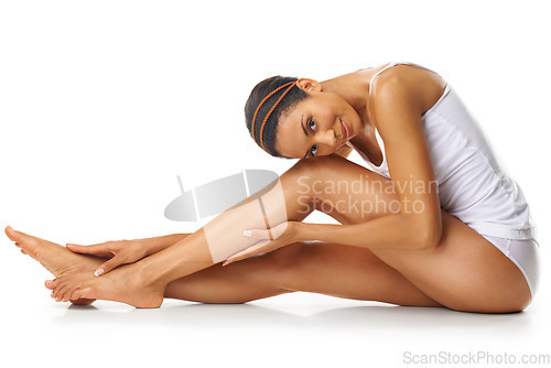 Image of Legs, beauty woman and studio portrait for skincare health, cosmetics wellness or self care mockup. Dermatology, aesthetic and skin care model, happy with hair removal results on marketing mock up