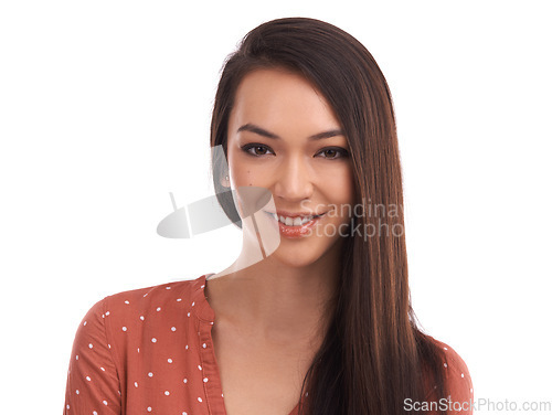 Image of Beautiful woman, portrait smile and face in beauty for profile happiness against a white studio background. Happy isolated attractive casual female smiling in confidence with long hair on mockup