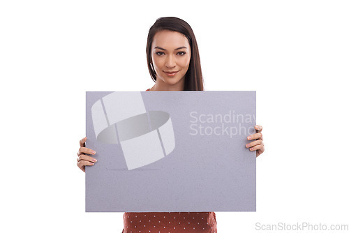 Image of Portrait, poster and mockup with a woman in studio isolated on a white background for advertising or marketing. Billboard, branding and product placement with black space for news or an announcement