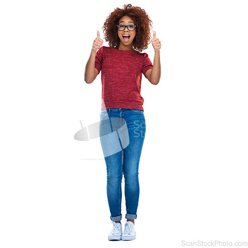 Image of Portrait, black woman and student with thumbs up, smile and girl isolated on white studio background. Nigerian female, lady and gesture for success, like and happiness with good news and positive