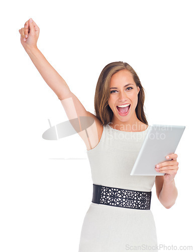 Image of Success, celebration and business woman with tablet in studio isolated on a white background. Winner, touchscreen and face portrait of female celebrating goals, target or victory, lottery or winning.