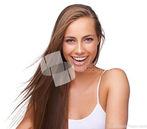 Image of Woman, smile portrait and hair care wellness, skincare beauty or cosmetics spa dermatology in white background. Young model, happy face and luxury salon facial glow or isolated happiness in studio