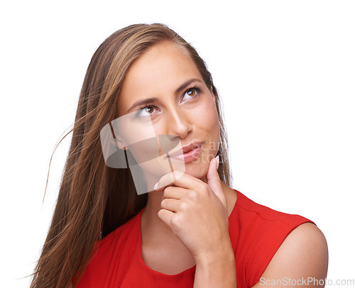 Image of Thoughtful, pensive and woman thinking in studio for planning, wondering and daydreaming. Idea, ponder and female model from Brazil brainstorming or contemplating while isolated by white background.