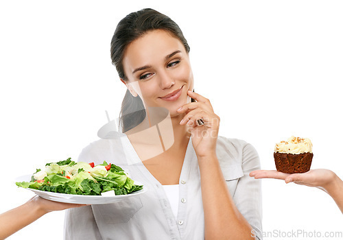 Image of Woman with salad or cake choice isolated on white background and thinking of healthy food, diet or detox. Chocolate cupcake, green vegetable and model with offer, decision or idea in studio mockup