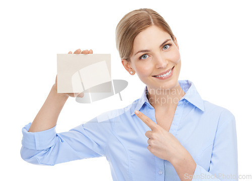 Image of Presentation, card and portrait of a business woman marketing a brand on a white background in studio. Showing, branding and employee pointing to paper for advertising of logo on a studio background