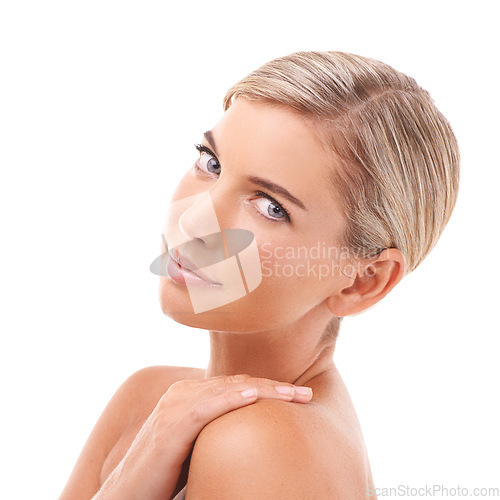 Image of Beauty, skin care and portrait of a woman with natural glow and dermatology treatment. White background, spa and luxury wellness of a model after facial and face cosmetics in studio with mockup