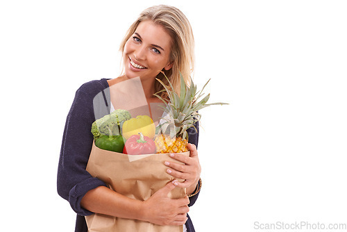 Image of Shopping, portrait or happy woman with vegetables, fruit or healthy food in studio on white background. Diet, smile or happy customer with fruits isolated on marketing or advertising mockup space