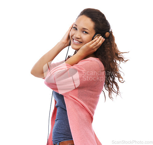 Image of Headphones, music and portrait of woman in studio isolated on a white background mockup. Face, relax and happy female with hifi headset streaming, listening or enjoying podcast, radio or audio song.