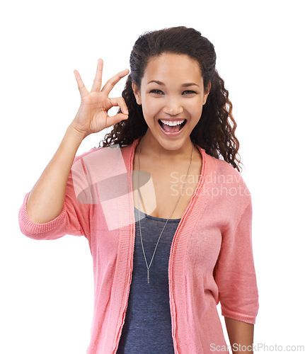 Image of OK sign, black woman portrait and hand for support, success and approval on white background. Smile and face of excited female model with perfect finger emoji for motivation, feedback or review