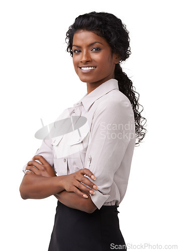 Image of Confident, Indian woman and smile with arms crossed for career ambition or vision against a white studio background. Portrait of happy isolated woman smiling with crossed arms standing in confidence