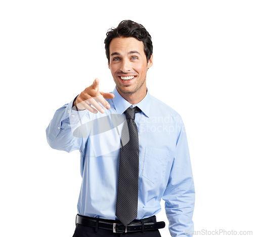 Image of Businessman portrait, you or pointing hands on studio background in employment opportunity, candidate choice or selection. Smile, happy or choosing worker finger in vote or optimism gesture on mockup