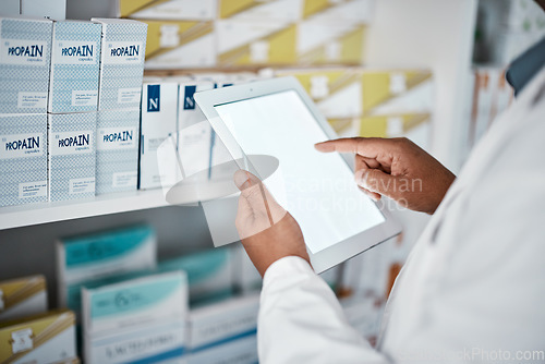 Image of Medicine, mockup or hands of pharmacist with a tablet on pharmacy database online for drugs stock or inventory. Pills, marketing space or doctor working on healthcare research on ui digital screen