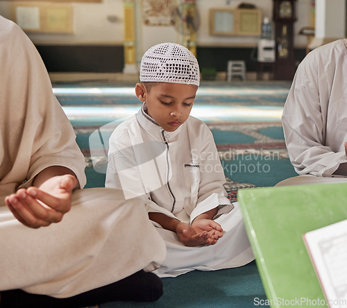 Image of Muslim, child or men prayer to worship Allah in holy temple or mosque with gratitude as a family on Ramadan. Islamic, community or people in praying with boy or kid for Gods support, spiritual peace