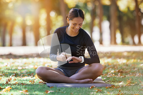 Image of Fitness, phone and woman with watch in nature to track training time, workout schedule and progress in Australia. Communication, health and athlete with mobile and smart watch for exercise in a park