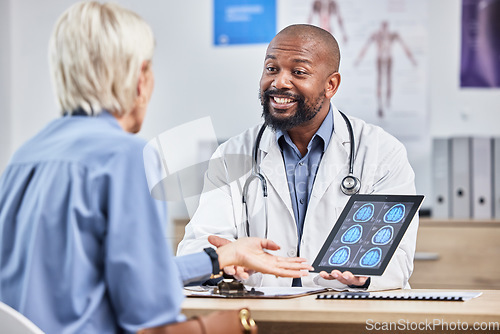 Image of Doctor, patient and black man with tablet, brain scan or results for disease, explain procedure or healthcare. Medical professional, senior female or woman in office, cure or conversation for surgery