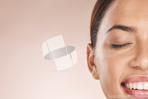 Image of Half face, happy woman and mockup with smile, marketing and beauty advertising on studio background. Split facial of model, skincare and healthy glow, aesthetic makeup and cosmetics on mock up space