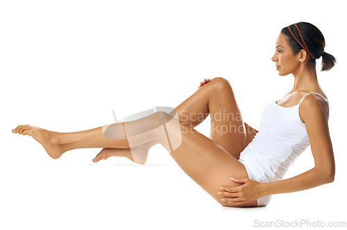 Image of Legs, fitness and beauty woman in studio mockup for body health, wellness and pilates on floor. Workout, cardio and exercise model with balance for muscle goals or results on marketing mock up