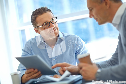 Image of Manager, consulting or business people on tablet in airport for global invest strategy, finance growth or financial review. Teamwork in lobby for social media, data analysis or economy research blog