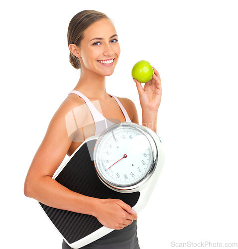 Image of Health, fitness and woman with scale and apple for nutrition, weight loss and body care portrait isolated on white background. Food, exercise and wellness, weight and fruit, healthy diet motivation