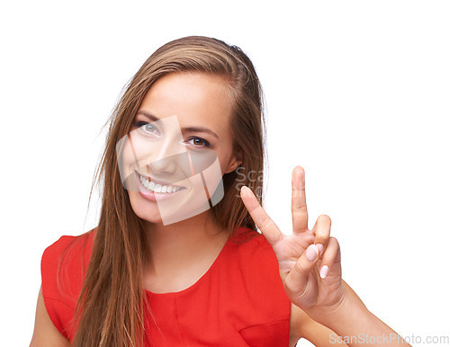 Image of Happy woman, portrait and peace hand sign with a smile and happiness freedom emoji isolated on white background. Face of a young female with fingers for a positive mindset, motivation and kindness