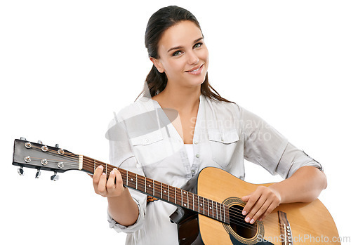 Image of Music, art and portrait of woman with guitar and smile playing song, isolated on white background. Talent inspiration and creative concert practice, acoustic guitar playing and happy woman in studio.