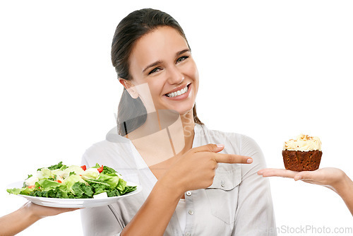 Image of Salad, cake and woman with unhealthy decision in studio for food, sugar and diet marketing. Chocolate cupcake, green vegetable and model happy decision or hand sign on white background and mockup