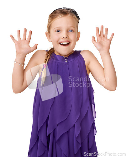 Image of Girl kid, studio portrait and surprise with hands, palm and playful happiness by white background. Isolated happy model, child and wow with shock face, hand gesture and smile with childhood fashion