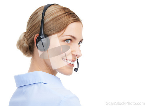Image of Face, call center and customer service of woman in studio isolated on white background mock up. Crm, thinking and smile of happy female telemarketing worker, consultant or sales agent from Canada.