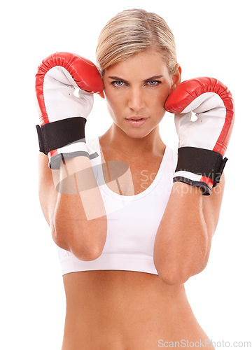Image of Portrait, boxer or woman in fitness training, workout or exercise in studio with motivation, pride or focus. Face, mindset or healthy girl sports athlete in fighting or boxing gloves for self defense