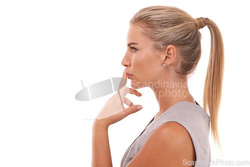 Image of Thinking, studio profile and business woman, manager or worker contemplate idea, corporate plan or marketing strategy. Employee mock up, silence and model girl isolated on mockup white background