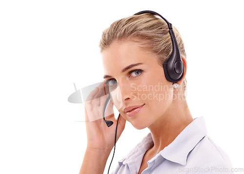 Image of Telemarketing communication, face portrait or woman consulting on contact us CRM, customer support or call center. Telecom microphone, customer service mockup or consultant on white background studio