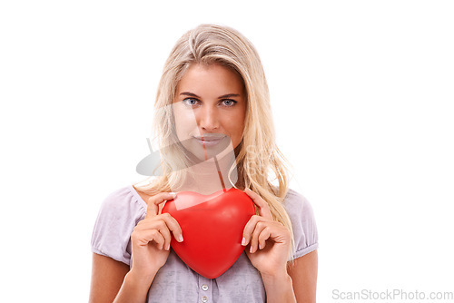 Image of Heart, love and portrait of woman with red object, romantic product or emoji icon for Valentines Day holiday. Beauty face, studio smile and headshot of happy model girl isolated on white background