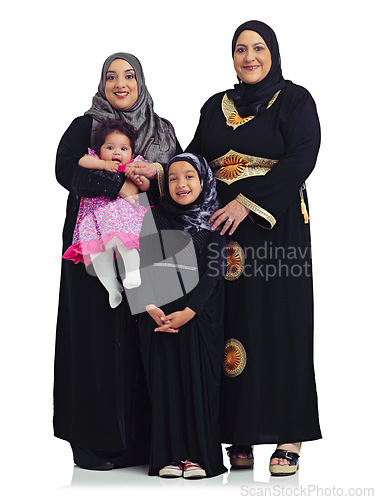 Image of Muslim family, portrait and women with children together in hijab for Islam religion love, peace and arab culture. Arabic mother, grandmother and kids together for eid isolated on a white background